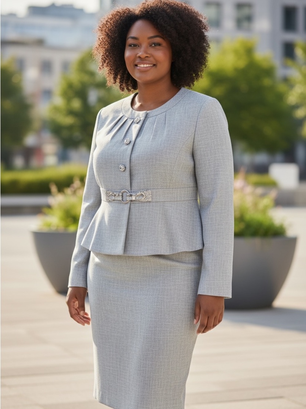 Tahari ASL Light Gray Tweed Two-Piece Blaazer & Skirt Suit